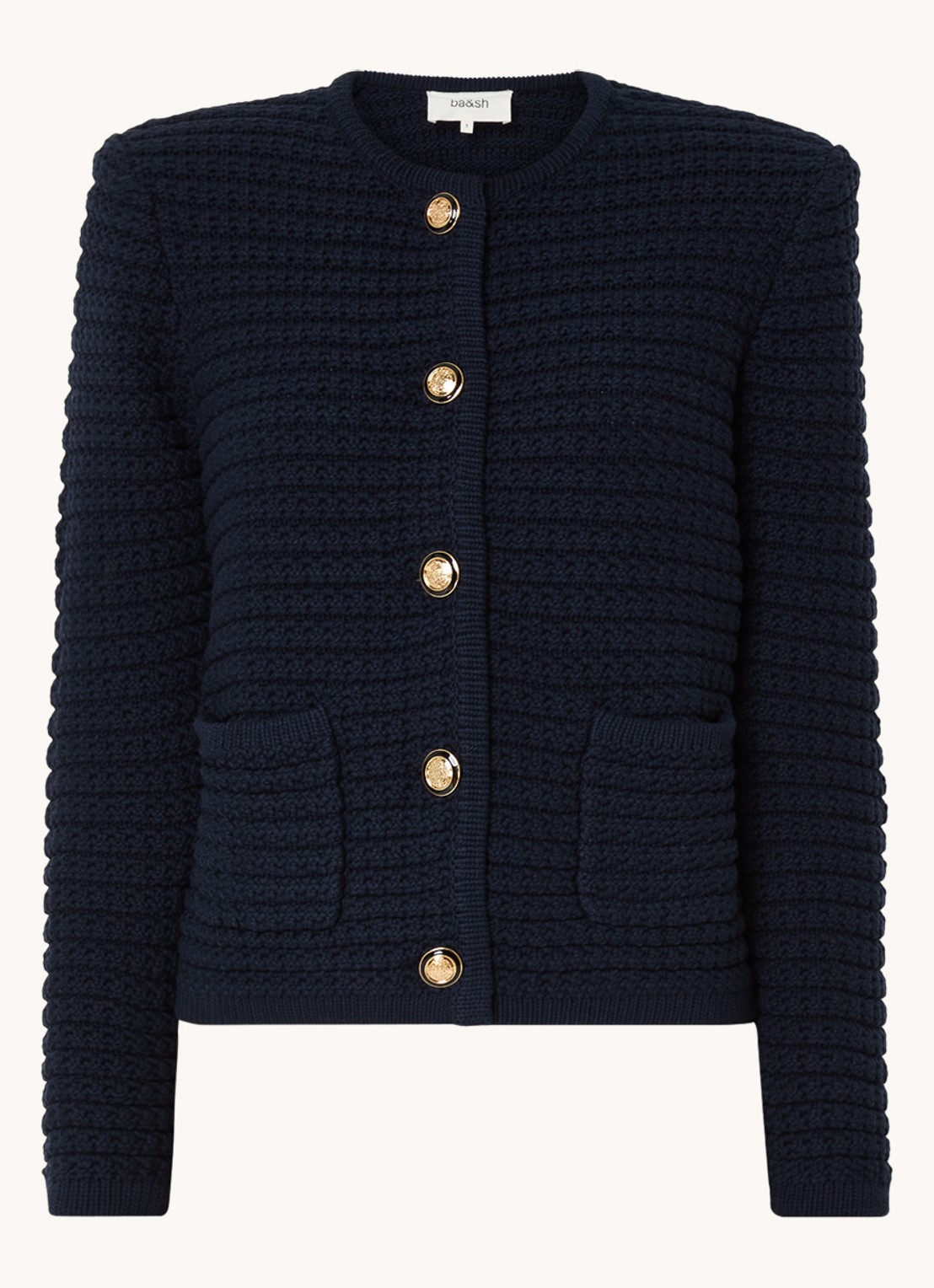 ba&sh Gaspard grofgebreid vest met opgestikte zakken en schoudervulling - voorkant 3 donkerblauw