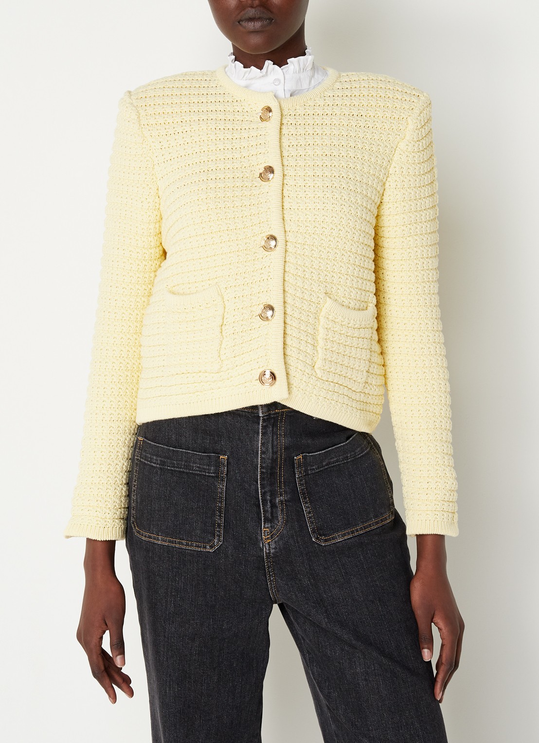 Ba&sh Gaspard grofgebreid vest met schoudervulling en opgestikte zakken - detail 4 abrikoos