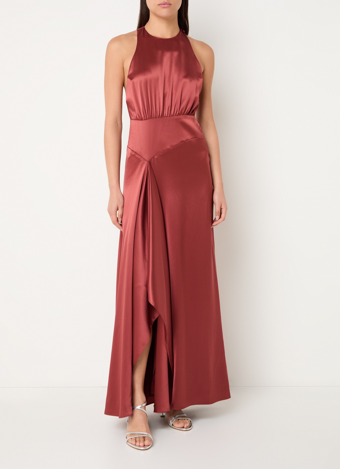 ba&sh Gerry maxi jurk van satijn met asymmetrische zoom - detail 4 steenrood
