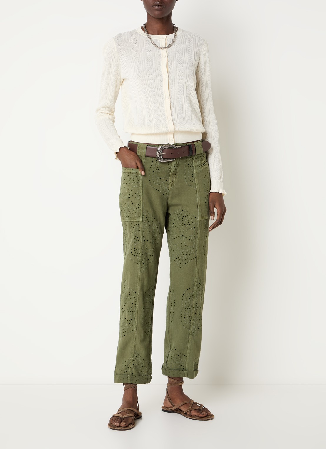ba&sh Giany high waist cropped tapered fit broek met opengewerkt dessin - voorkant 3 groen
