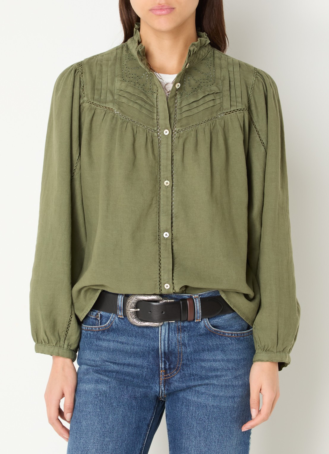 ba&sh Gilda blouse met opengewerkt dessin - detail legergroen