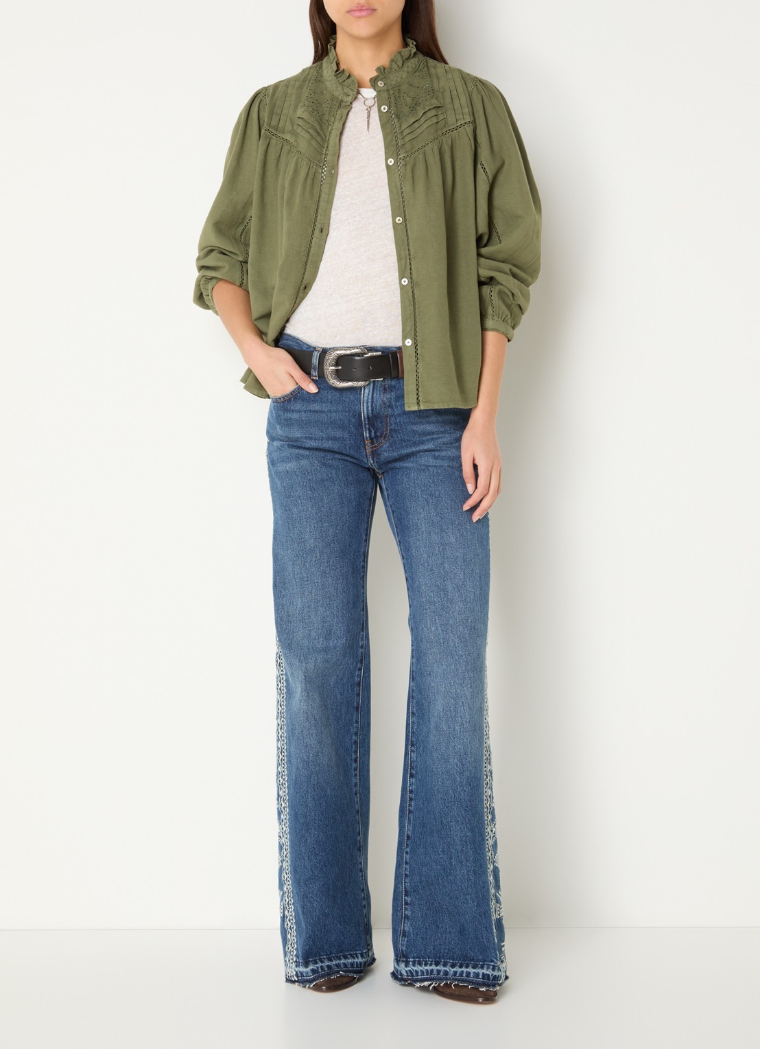 ba&sh Gilda blouse met opengewerkt dessin - voorkant 4 legergroen