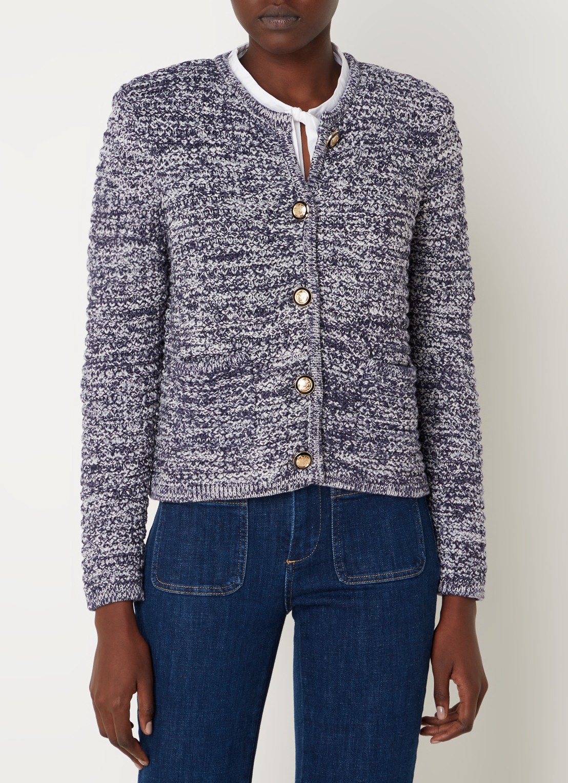 ba&sh Guspa grofgebreid vest met gemêleerd dessin - detail 4 donkerblauw