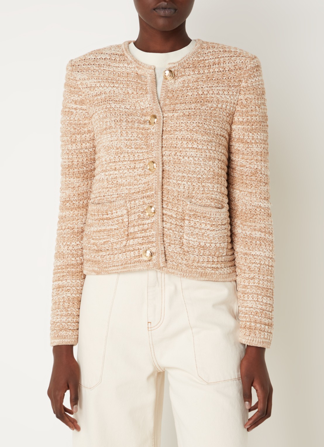 ba&sh Guspa grofgebreid vest met gemêleerd dessin - detail 4 beige
