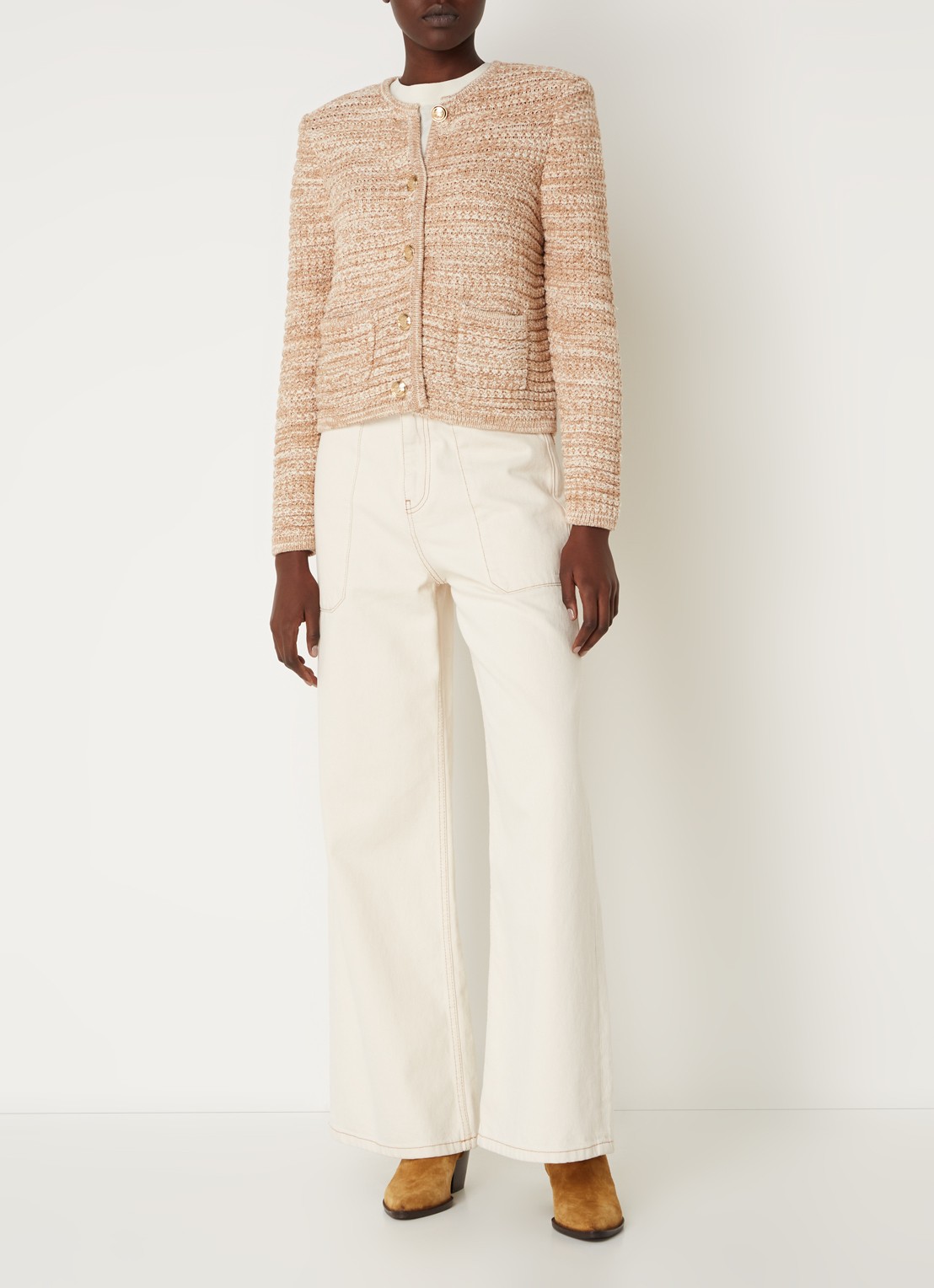 ba&sh Guspa grofgebreid vest met gemêleerd dessin - voorkant 3 beige