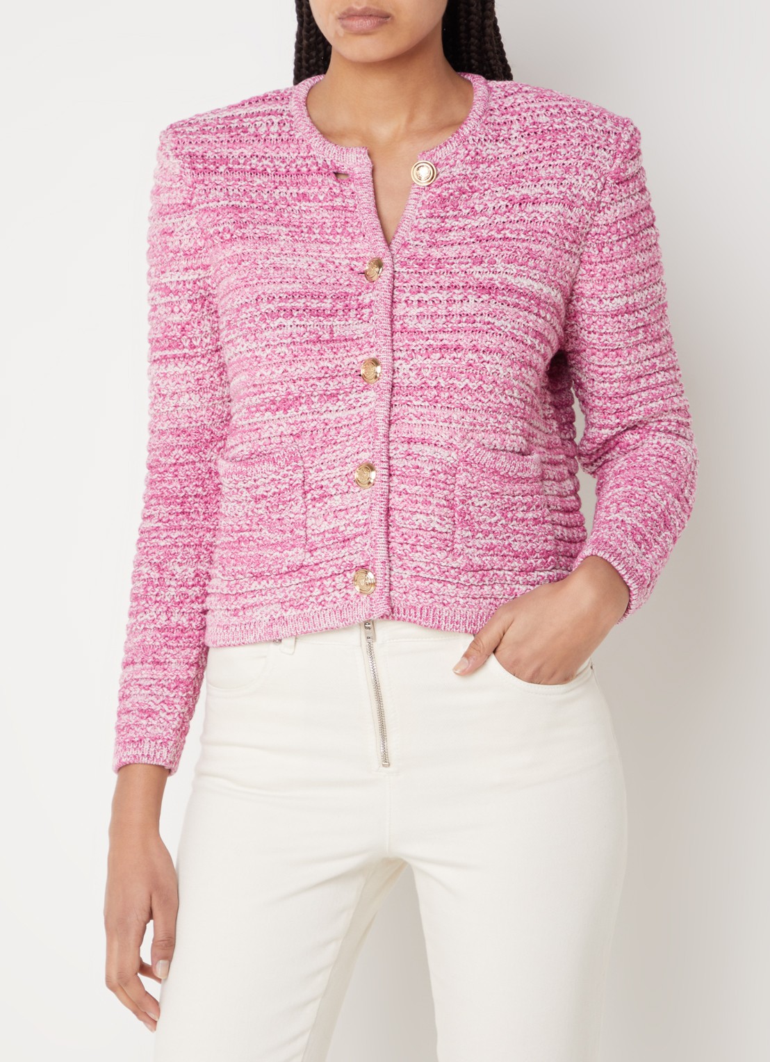 ba&sh Guspa grofgebreid vest met opgestikte zakken - detail 4 roze