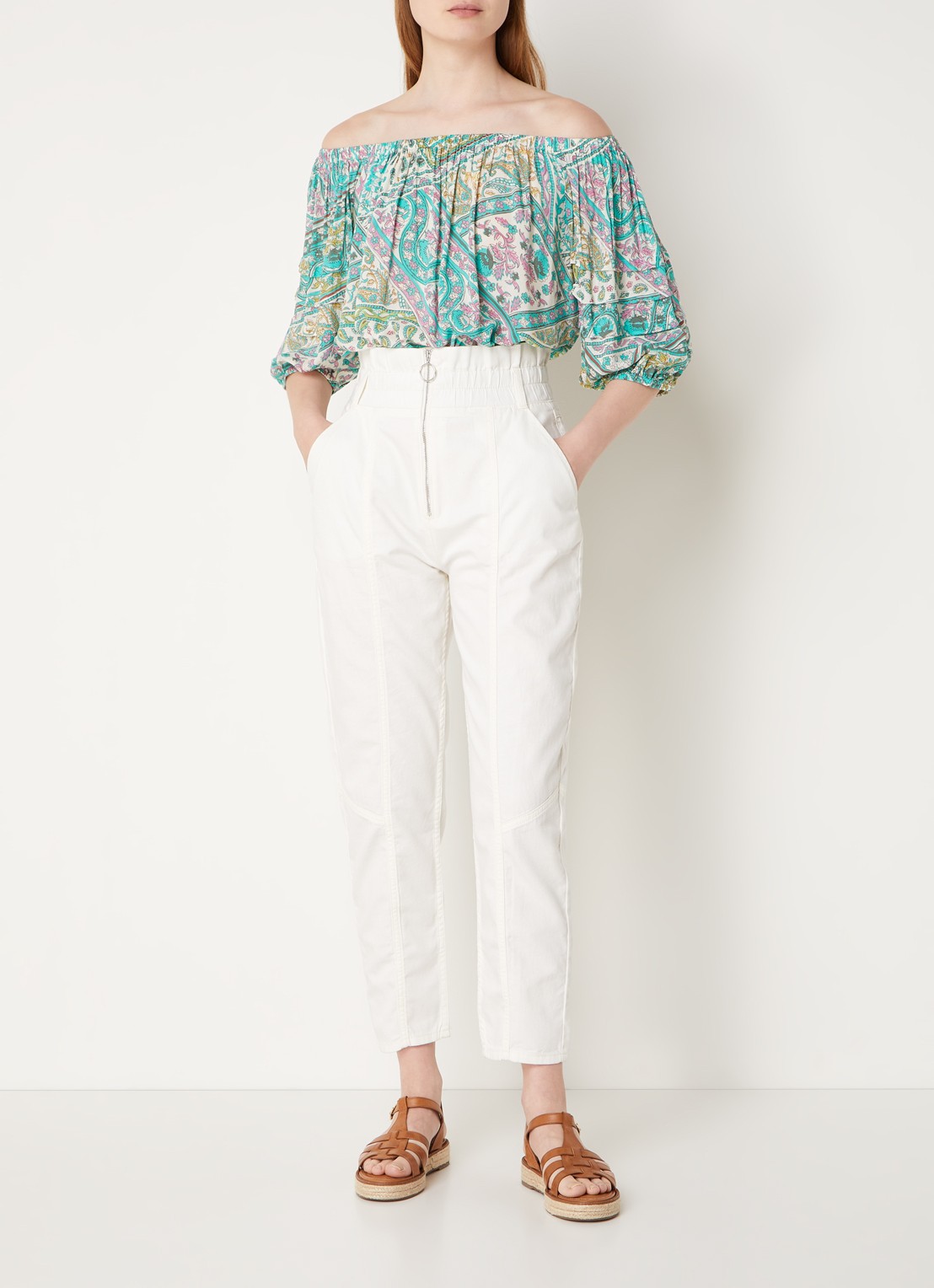 Ba&sh High waist broek met halve rits en opgestikte zakken  - voorkant 3 wit