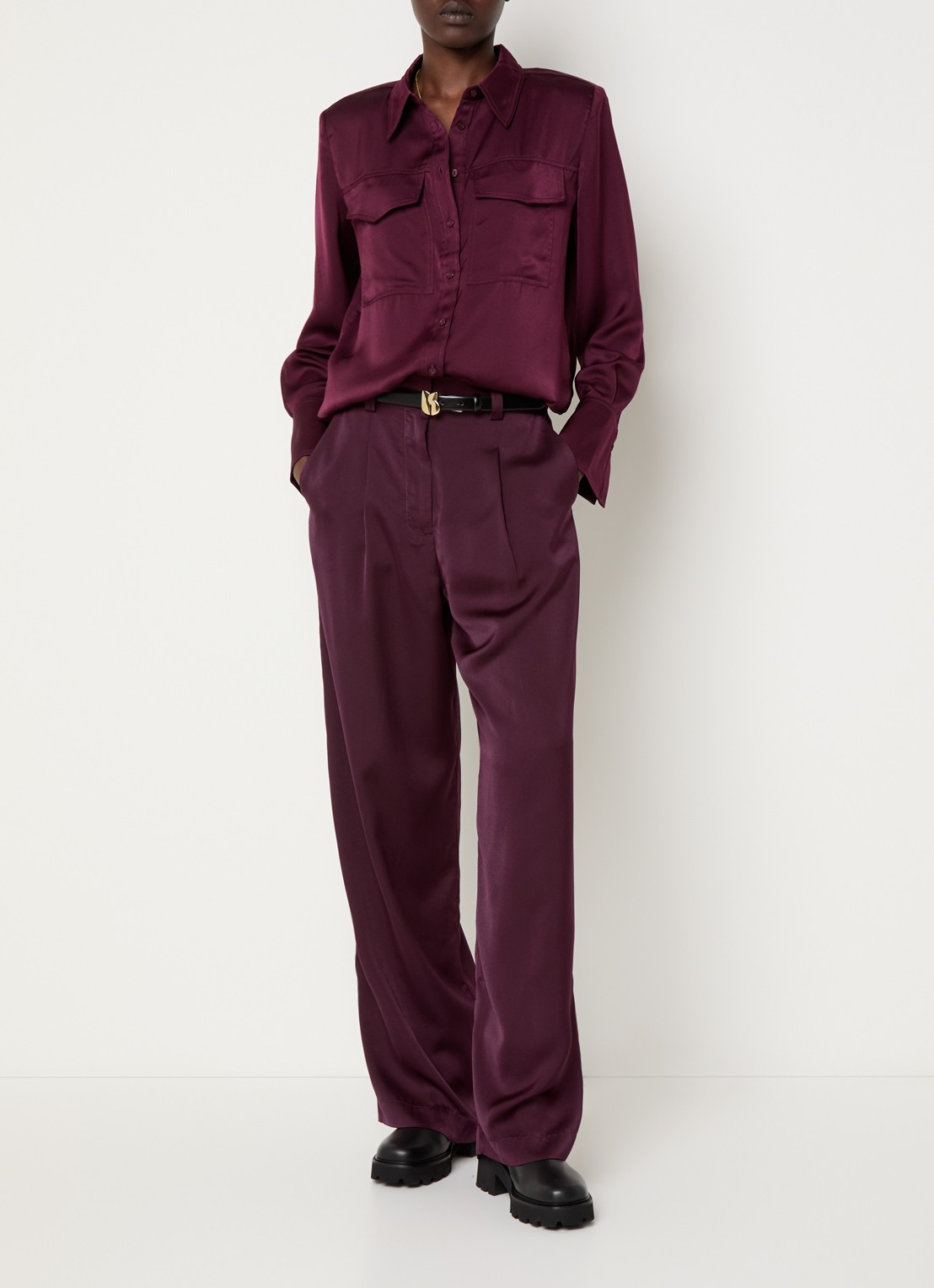 ba&sh High waist loose fit pantalon van satijn - voorkant 2 bordeauxrood