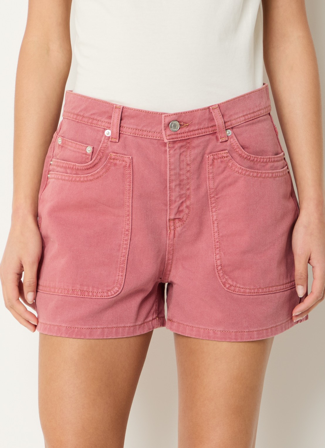 ba&sh High waist straight fit korte broek van denim - detail zalmroze