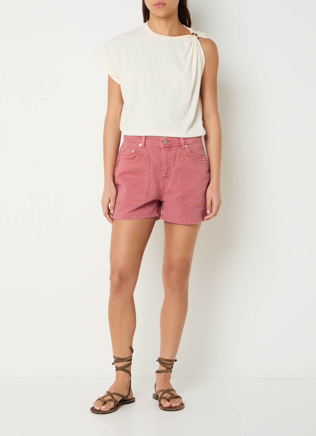ba&sh High waist straight fit korte broek van denim - voorkant 3 zalmroze