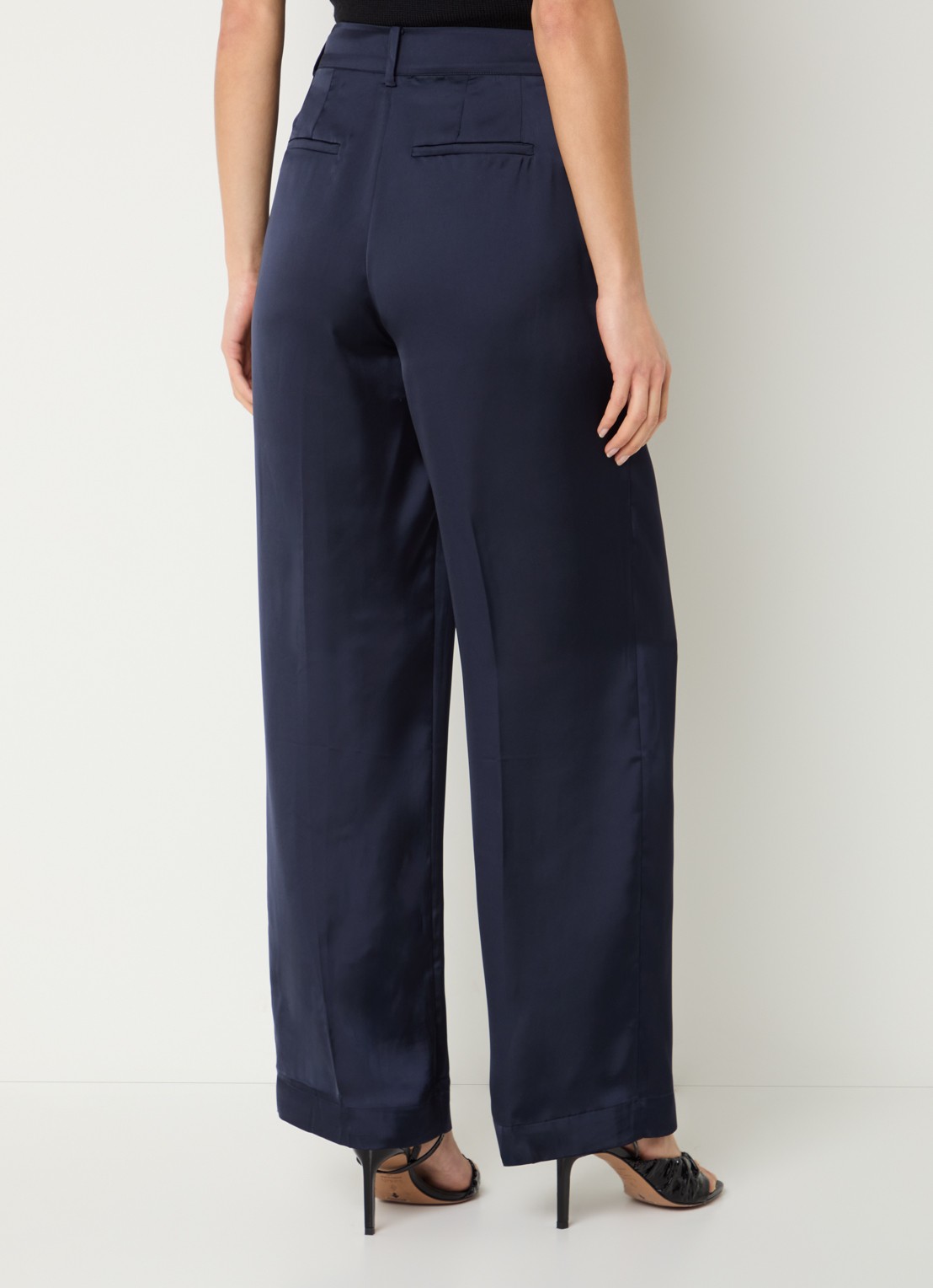 ba&sh High waist wide fit pantalon van satijn met steekzakken - achterkant 4 donkerblauw