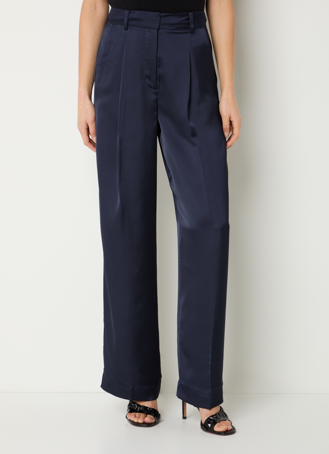 ba&sh High waist wide fit pantalon van satijn met steekzakken - detail 3 donkerblauw