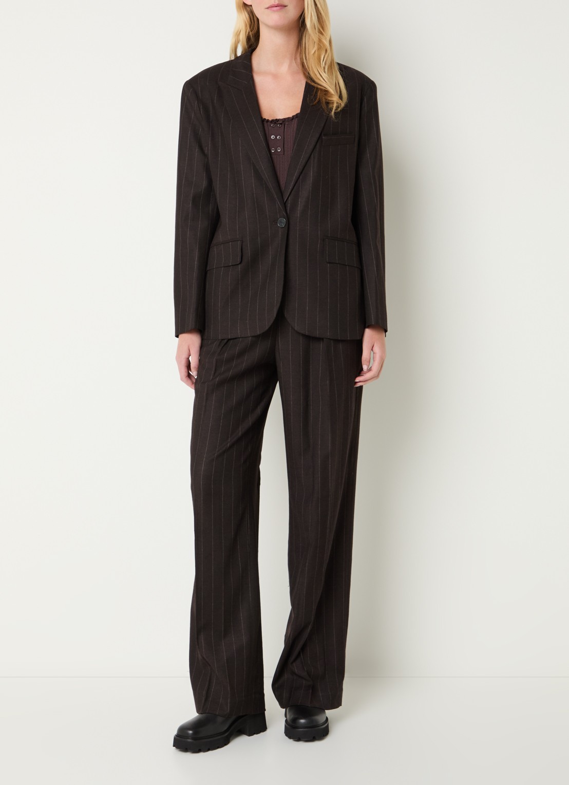 ba&sh Hocee blazer in wolblend met streepprint en klepzakken - voorkant 4 donkerbruin
