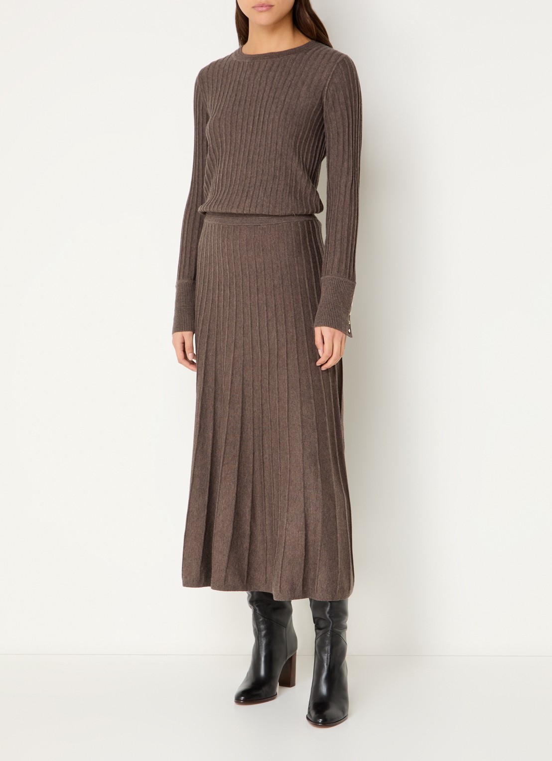 ba&sh Jada ribgebreide midi rok in wolblend - voorkant 4 chocoladebruin