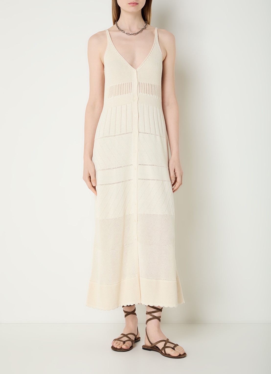 ba&sh Joelle ribgebreide midi jurk met V-hals - detail 3 beige