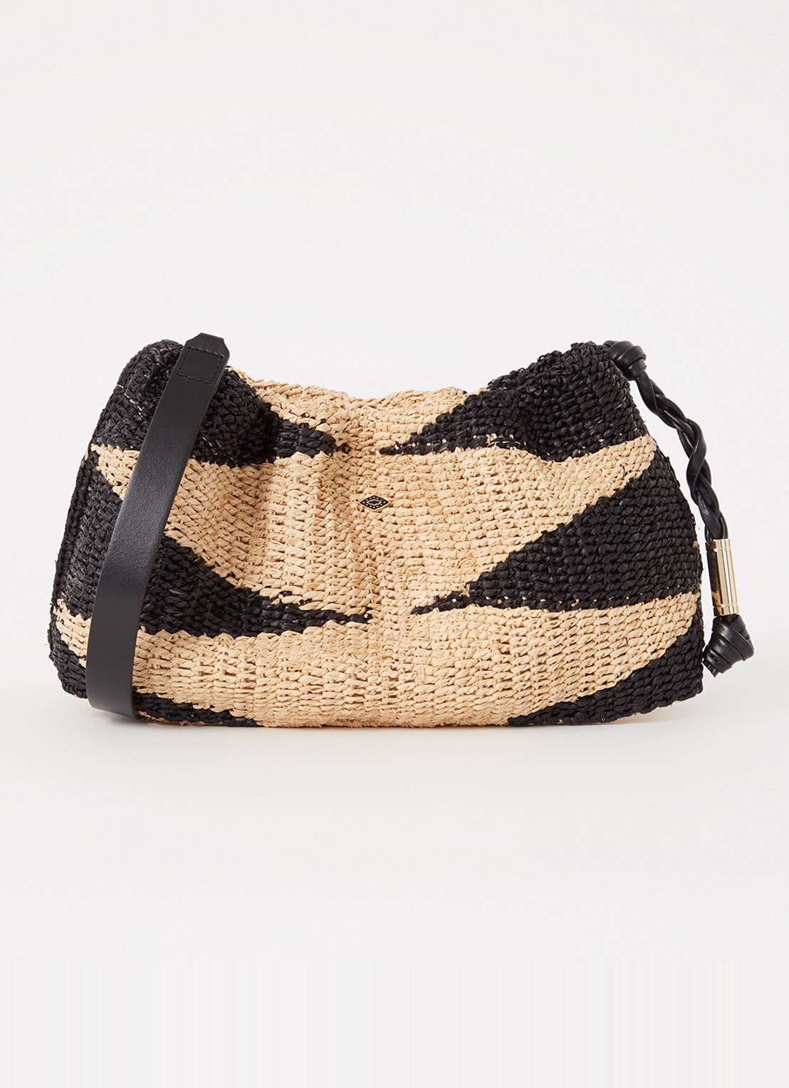 ba&sh June schoudertas van raffia met leren details - voorkant zwart