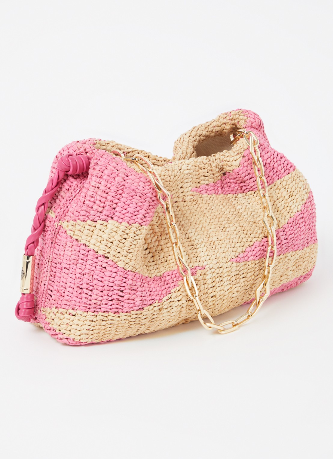 ba&sh June schoudertas van raffia met leren details - achterkant 2 roze