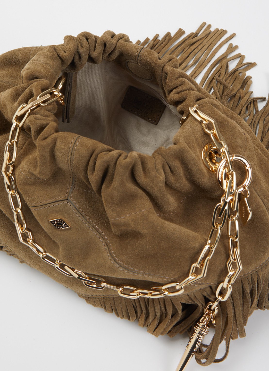 ba&sh June schoudertas van suède met franjes en afneembare schouderriem - detail 3 khaki