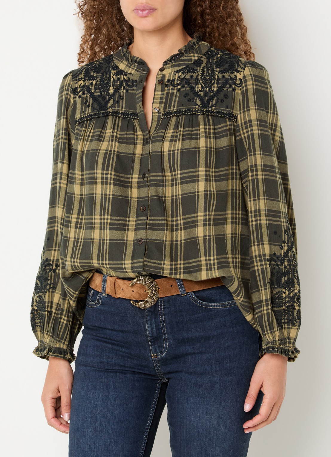 ba&sh Kaela blouse met ruitdessin - detail 4 bronsgroen