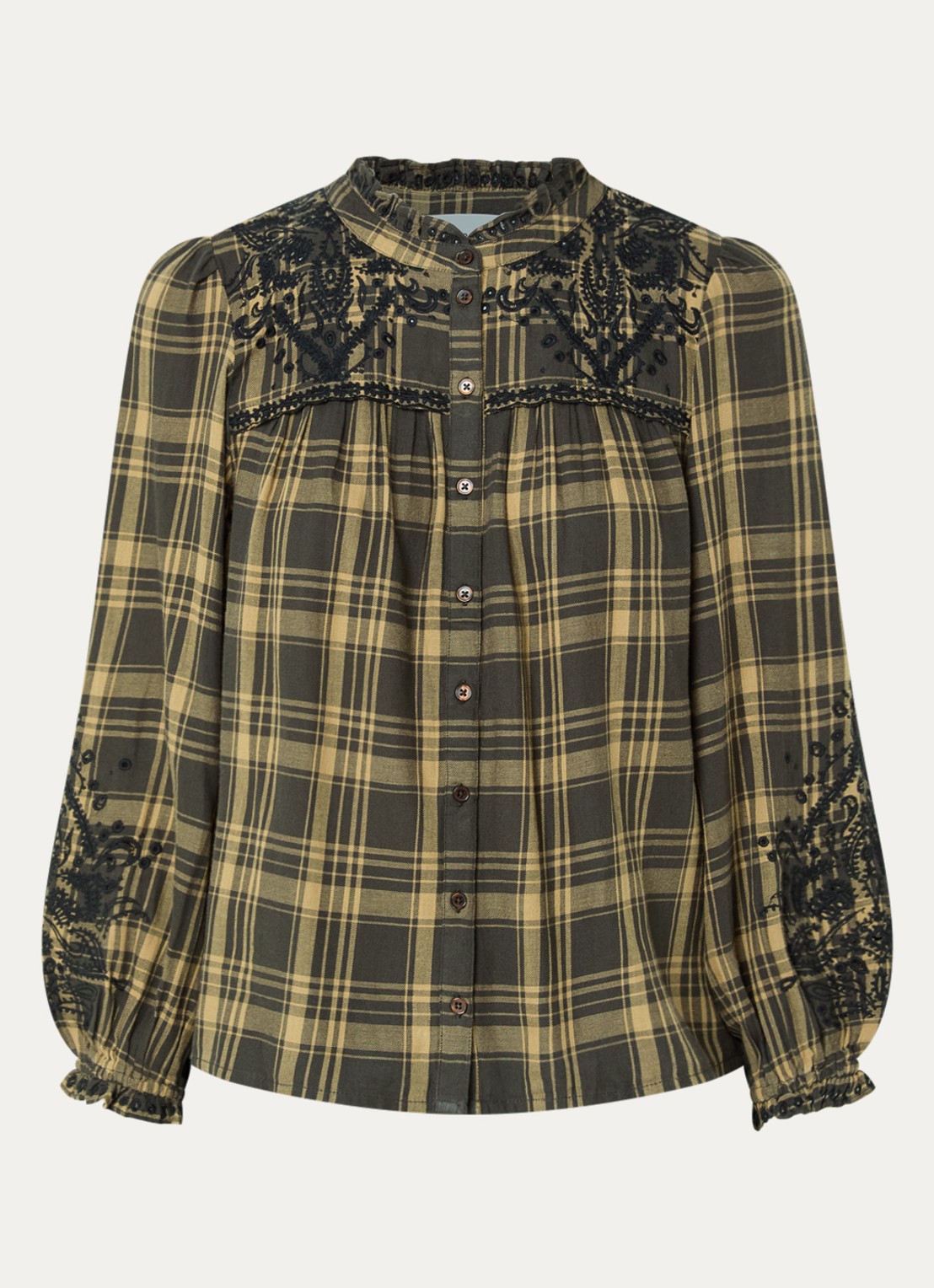 ba&sh Kaela blouse met ruitdessin - voorkant 2 bronsgroen