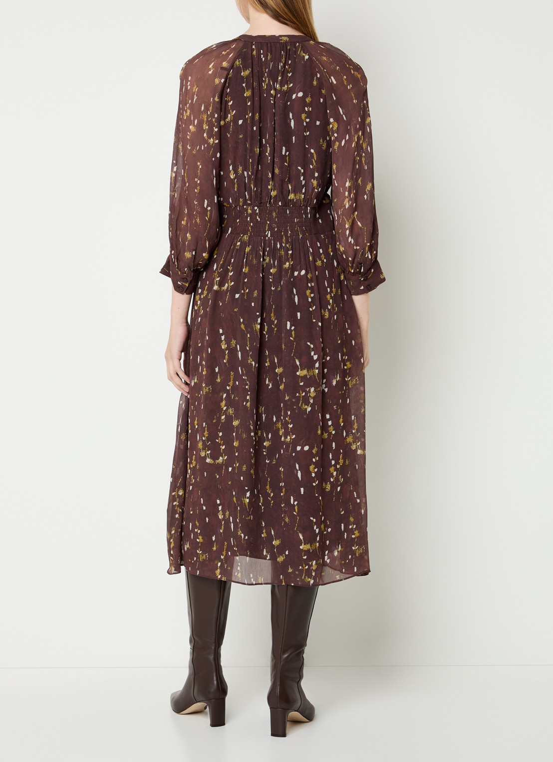 ba&sh Karla midi blousejurk met print - achterkant 4 bruin