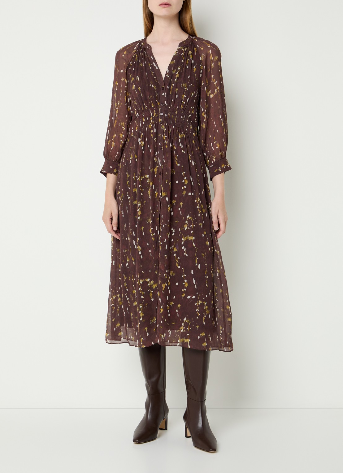 ba&sh Karla midi blousejurk met print - detail 3 bruin