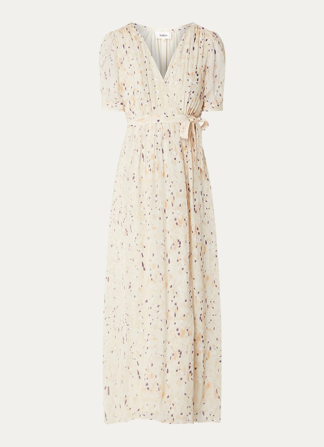 ba&sh Kris maxi wikkeljurk met print - voorkant beige