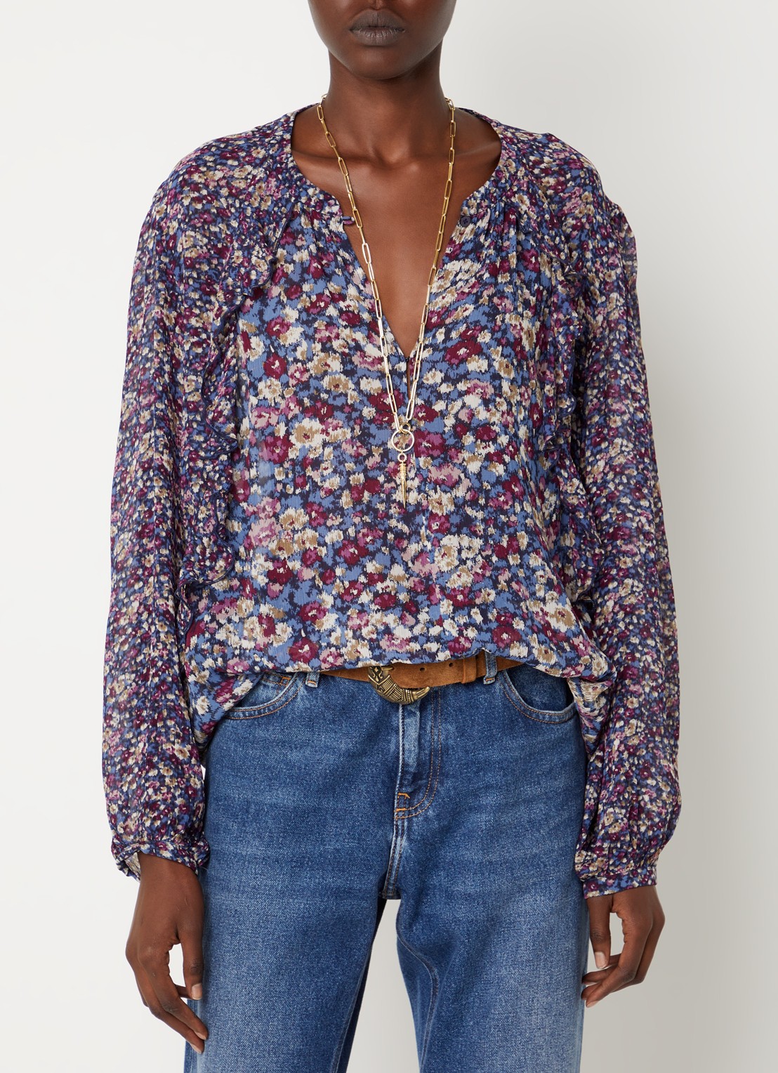 ba&sh Kross tuniek met print en V-hals - detail 4 blauw