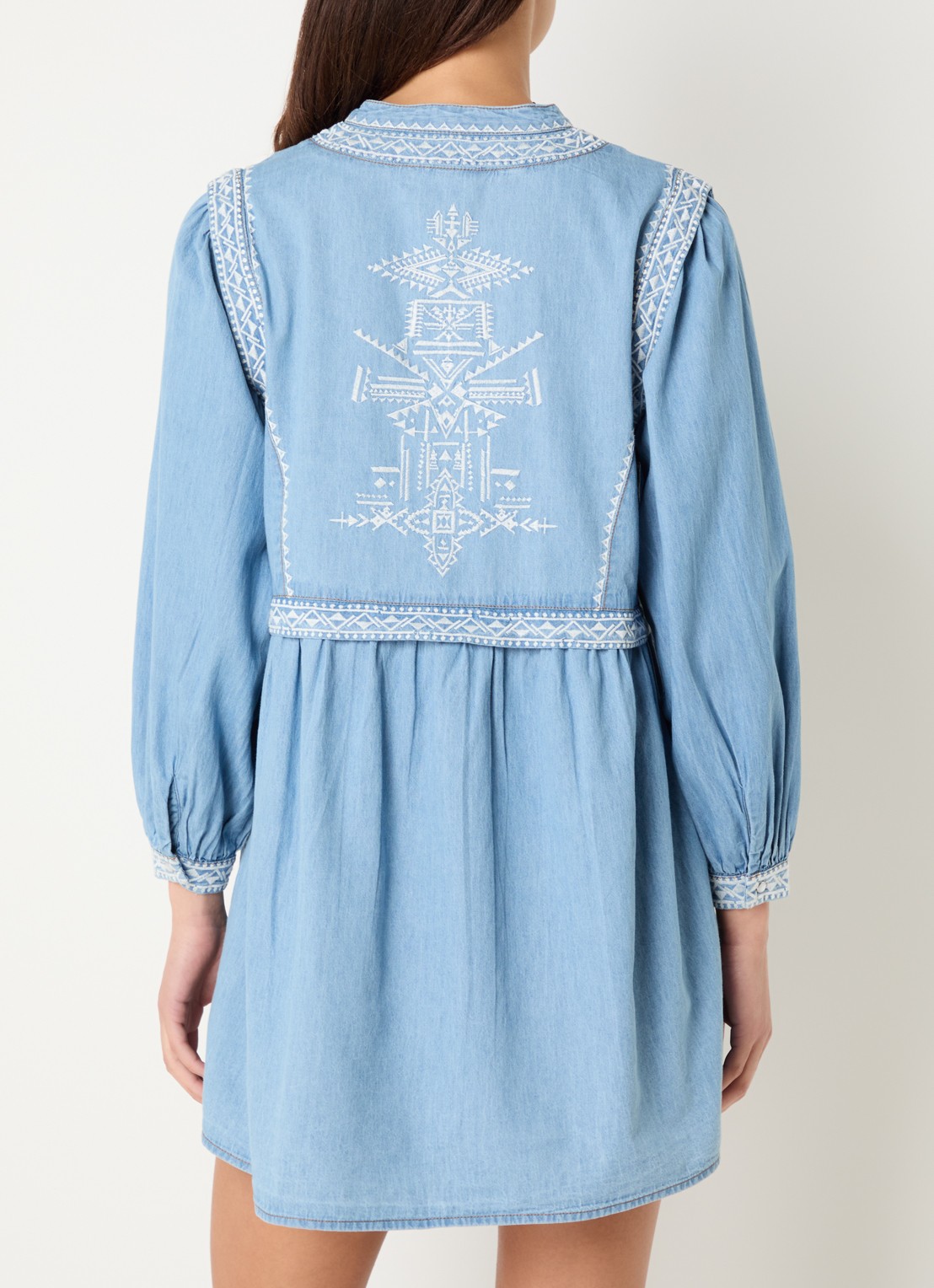 ba&sh Laena mini jurk van chambray met borduring - achterkant blauwgrijs