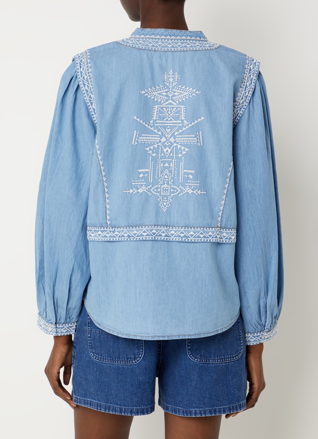 ba&sh Laura tuniek van chambray met borduring - achterkant lichtblauw
