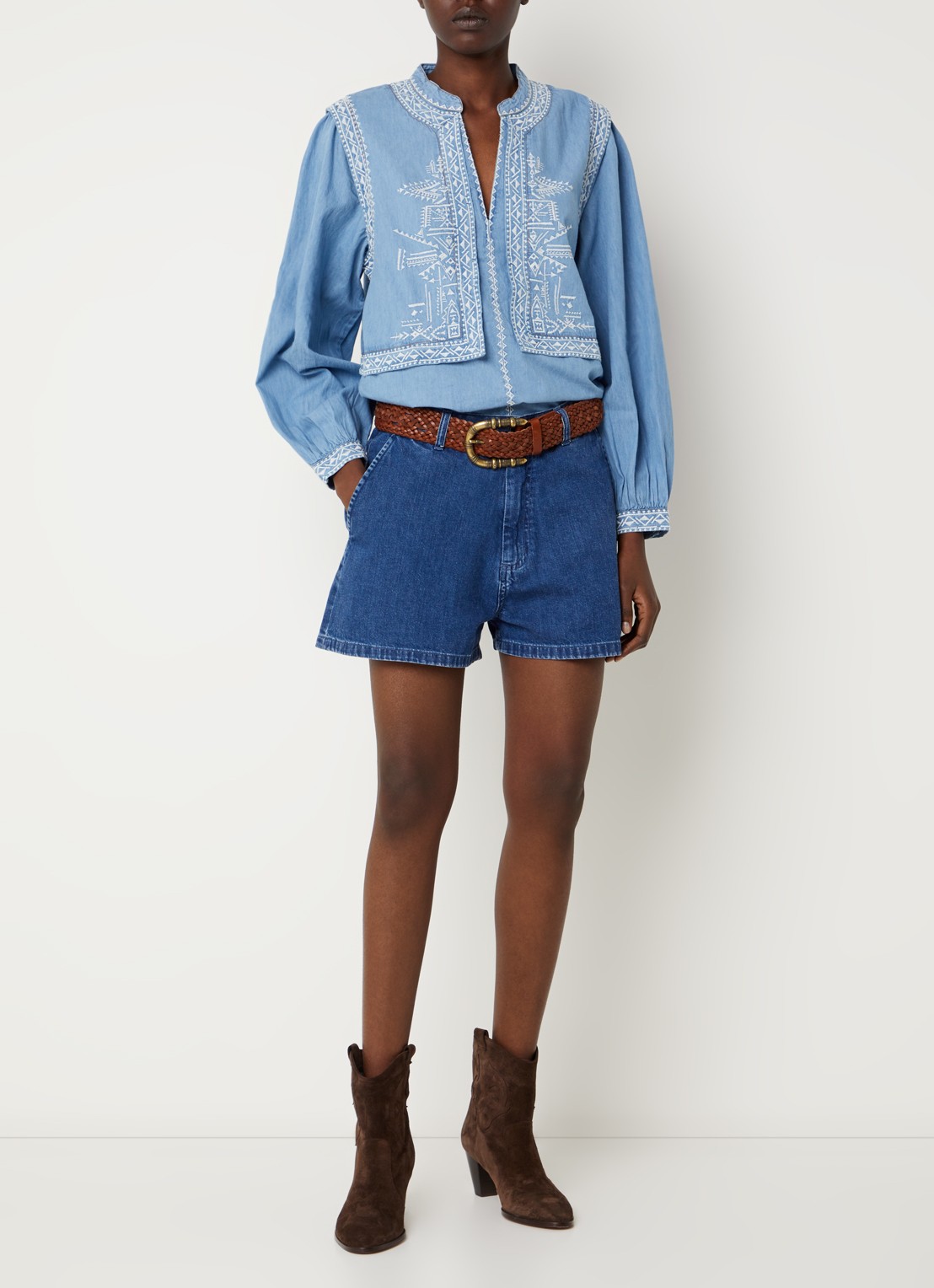 ba&sh Laura tuniek van chambray met borduring - voorkant 4 lichtblauw
