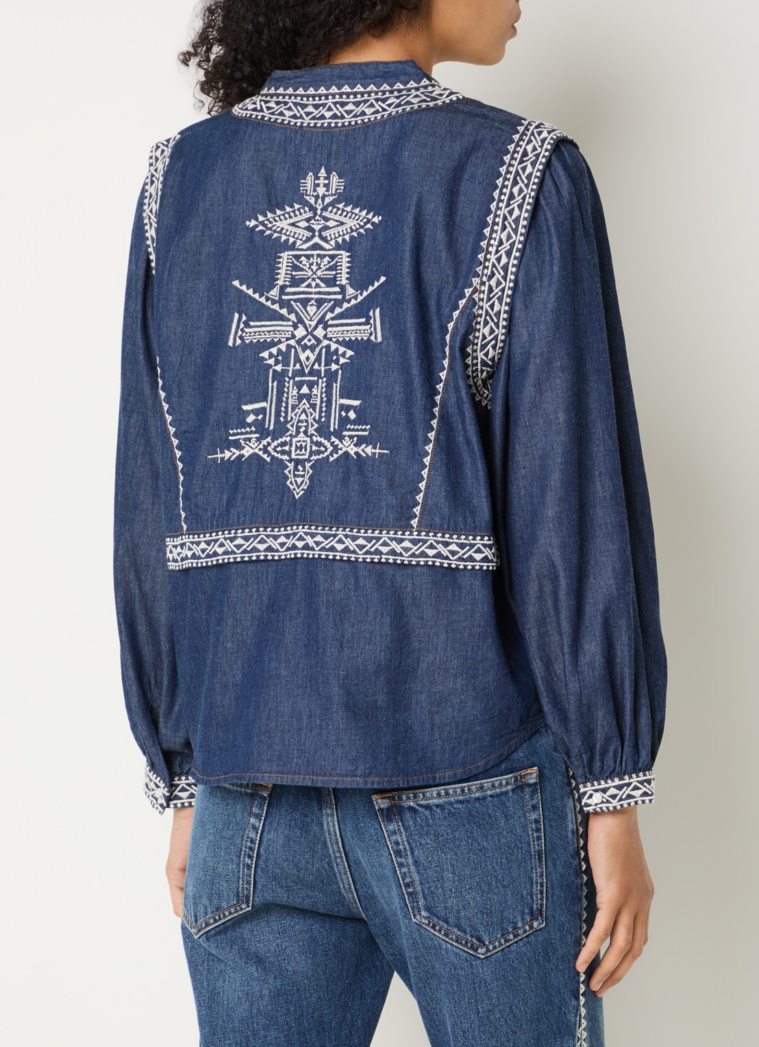 ba&sh Laura tuniek van denim met borduring - achterkant indigo