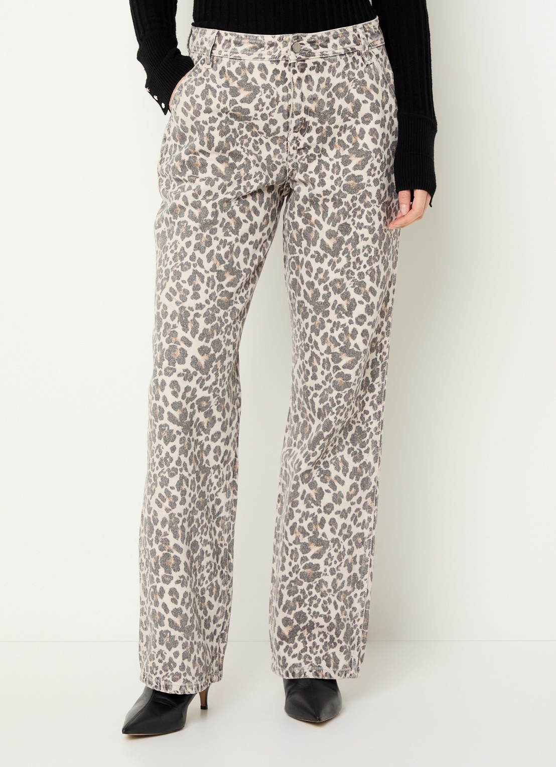 ba&sh Leonie high waist loose fit jeans met panterprint - detail 4 beige
