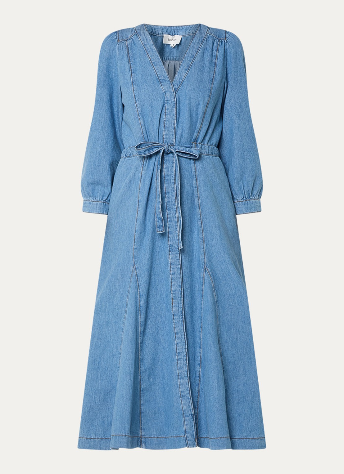 ba&sh Lia midi jurk van chambray met strikceintuur - voorkant 3 blauw