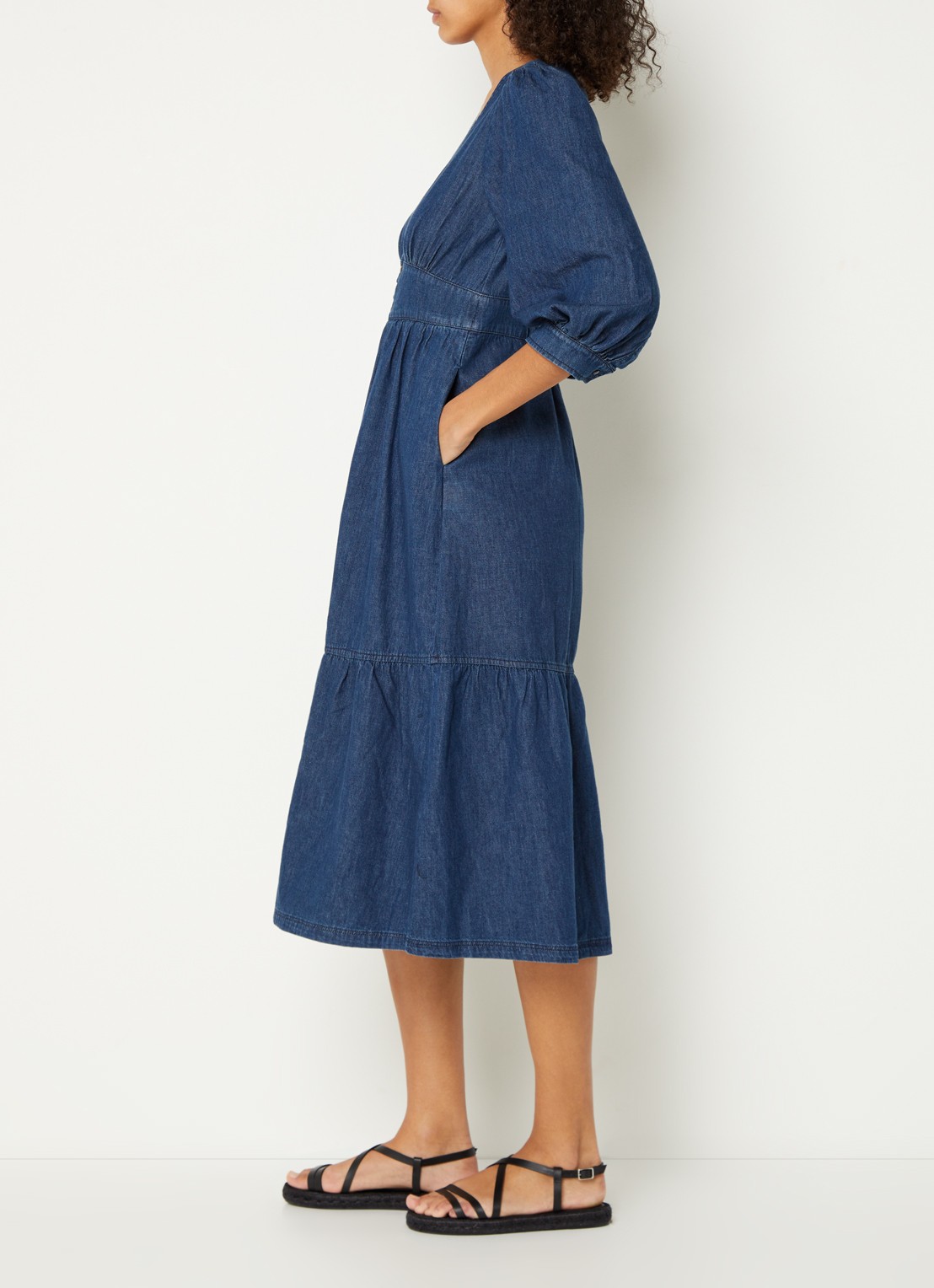 ba&sh Limi midi blousejurk van chambray - voorkant 4 indigo