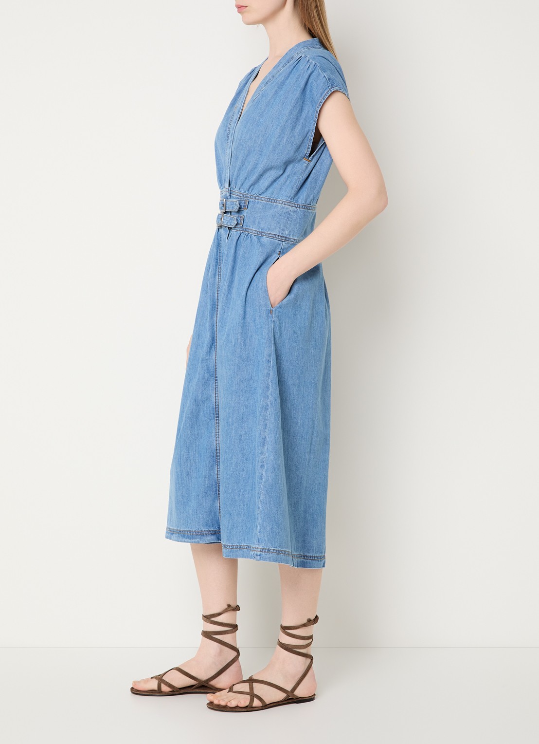 ba&sh Love midi jurk met V-hals - voorkant 2 indigo