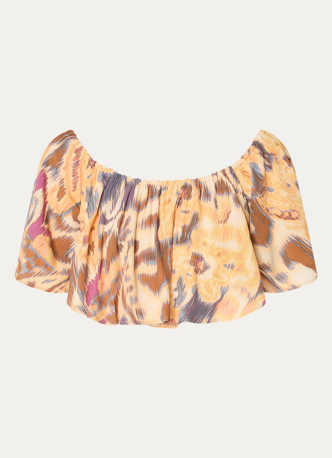 ba&sh Manthea cropped off shoulder top met print - voorkant 2 okergeel
