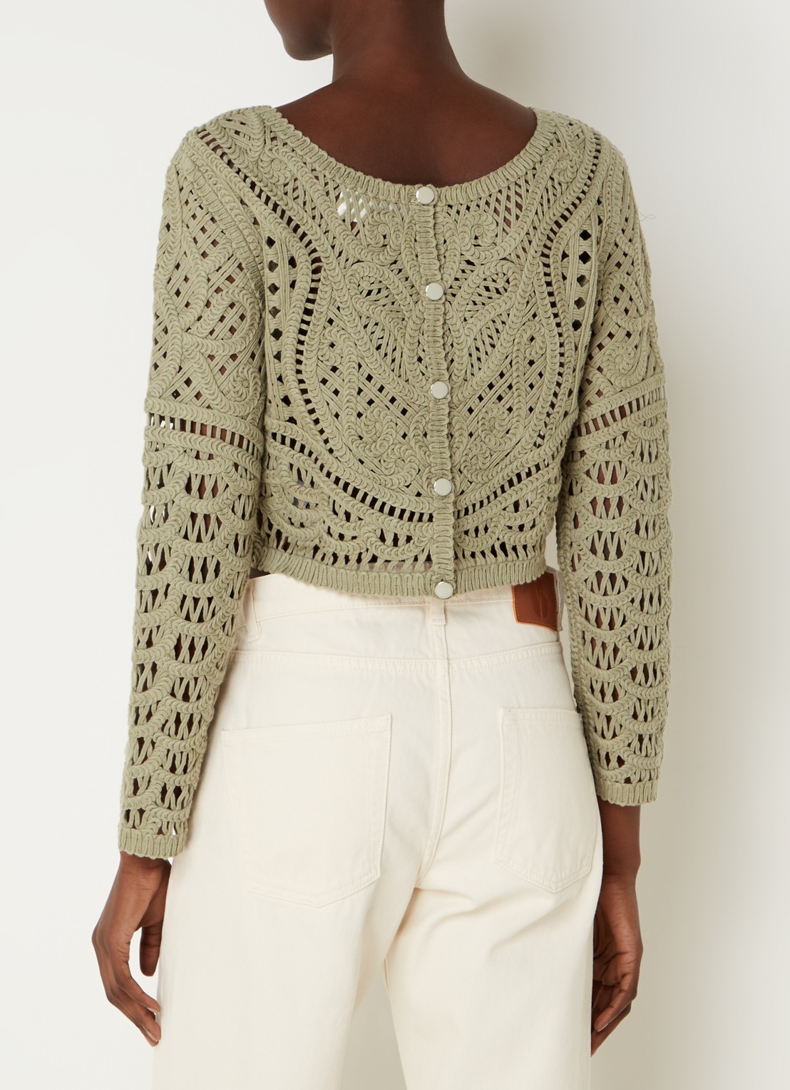 ba&sh Marc grofgebreide crop top met broderie - achterkant khaki
