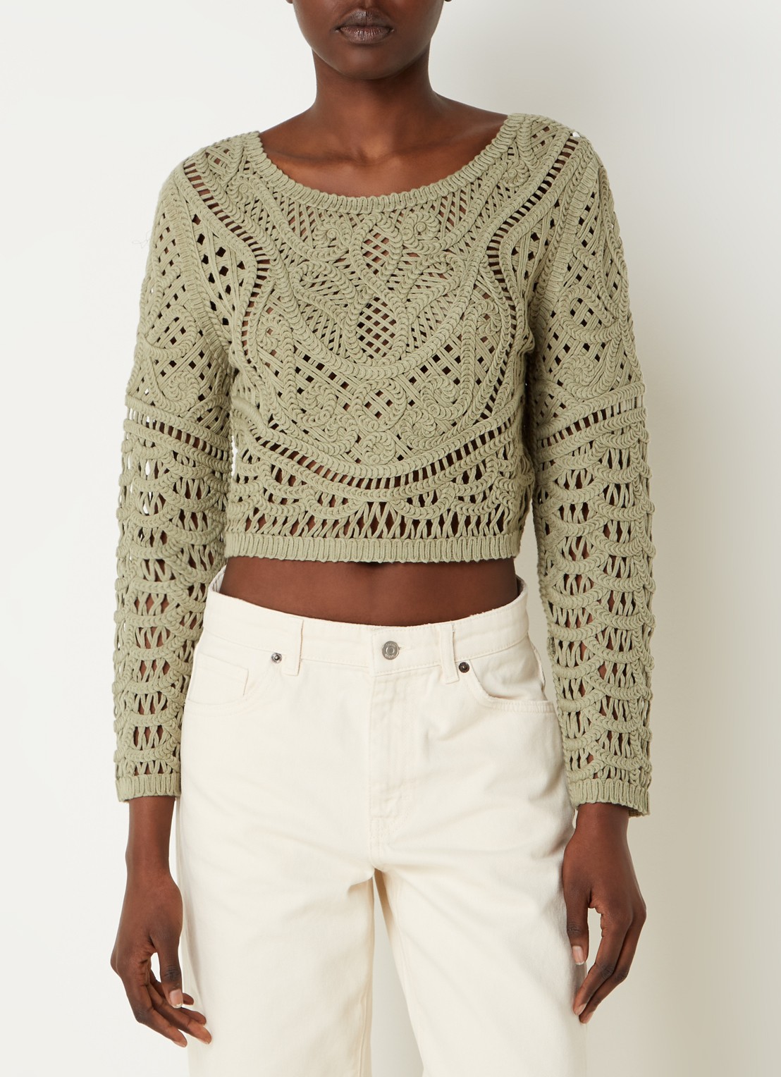 ba&sh Marc grofgebreide crop top met broderie - detail 4 khaki