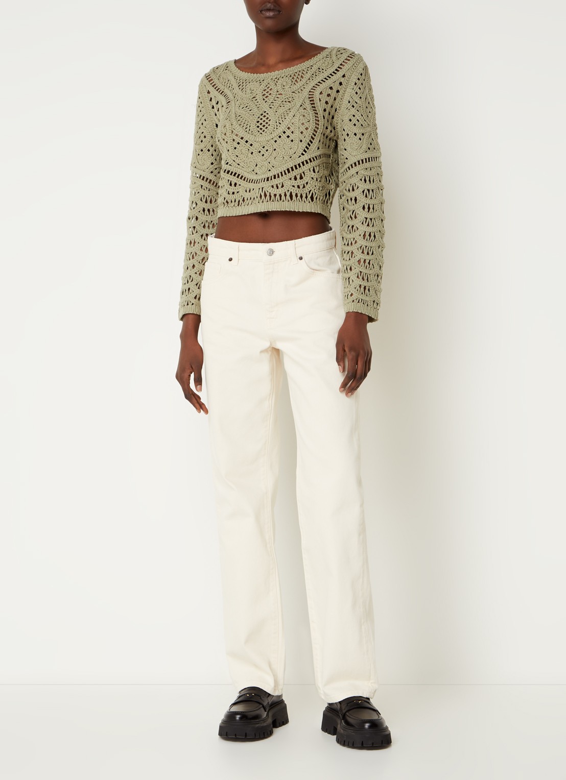 ba&sh Marc grofgebreide crop top met broderie - voorkant 3 khaki
