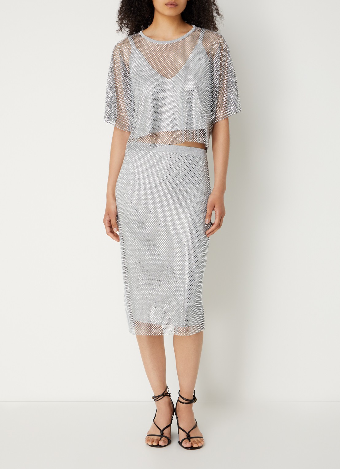 ba&sh Mate crop top met opengewerkt dessin en strass - voorkant 2 zilver