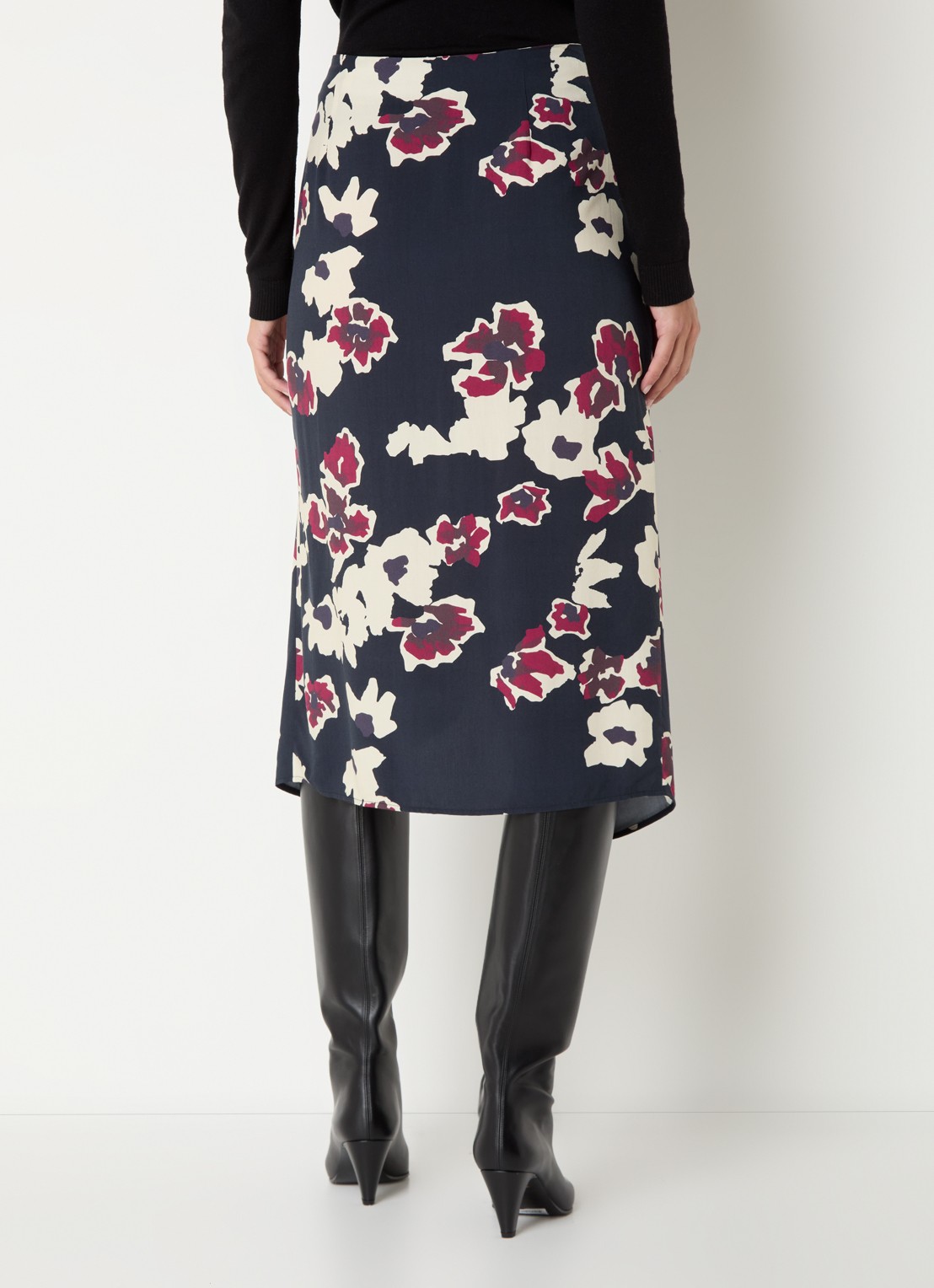 ba&sh Meona midi rok met bloemenprint en split - achterkant donkerblauw