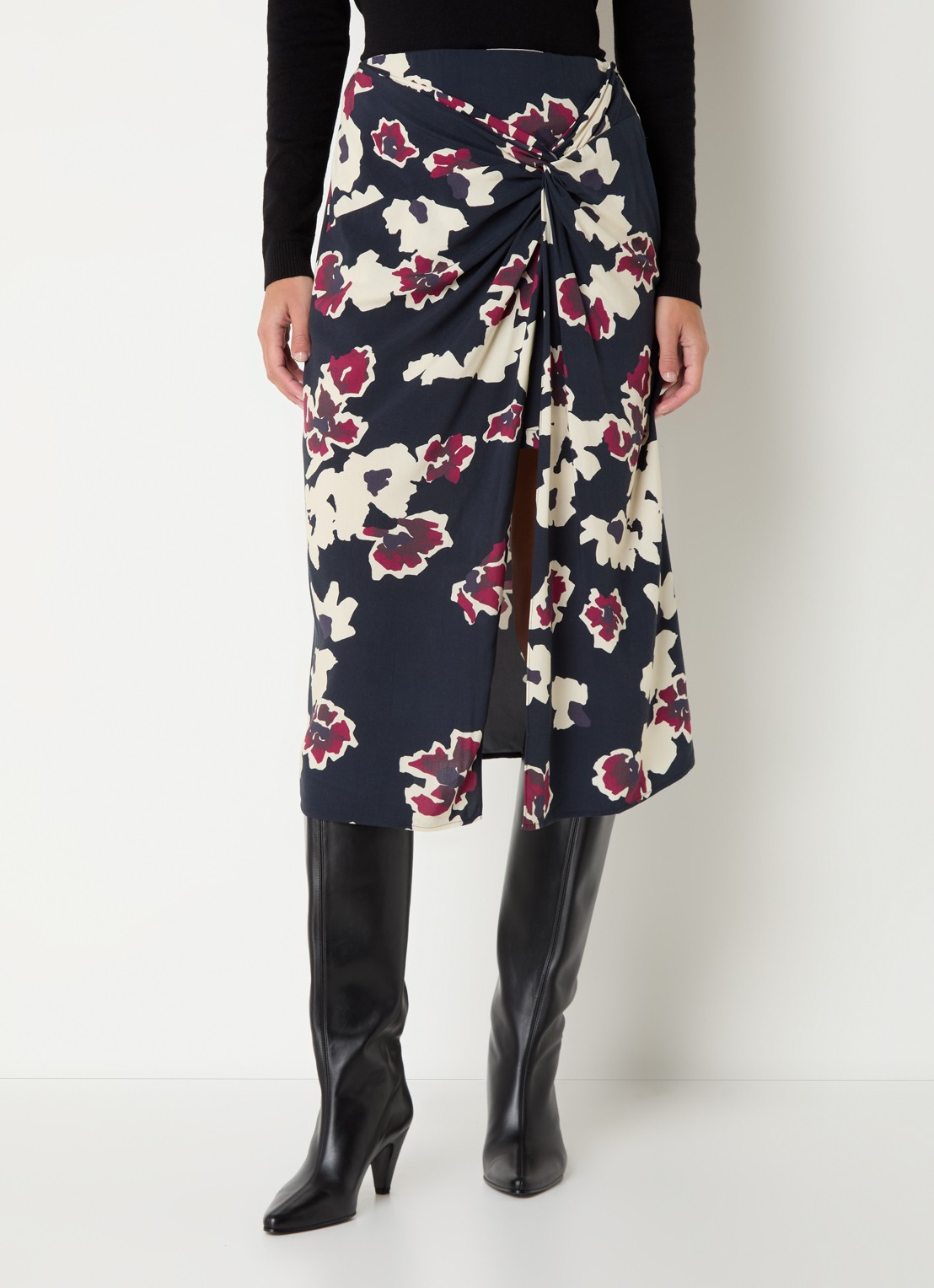 ba&sh Meona midi rok met bloemenprint en split - detail 4 donkerblauw