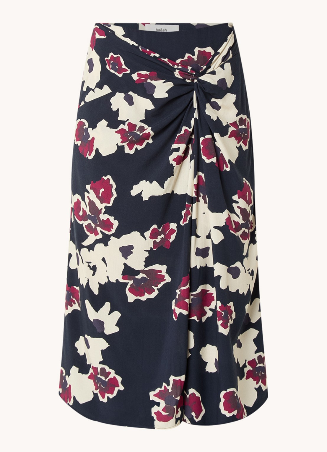 ba&sh Meona midi rok met bloemenprint en split - voorkant 2 donkerblauw