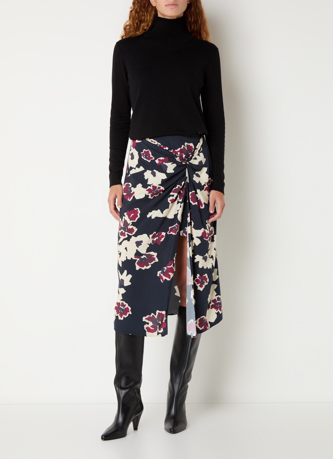 ba&sh Meona midi rok met bloemenprint en split - voorkant 3 donkerblauw