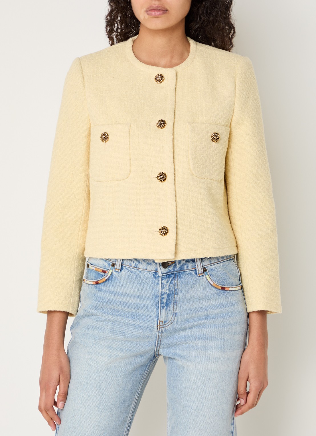 ba&sh Meredith cropped jack van tweed met opgestikte zakken - detail 2 lichtgeel