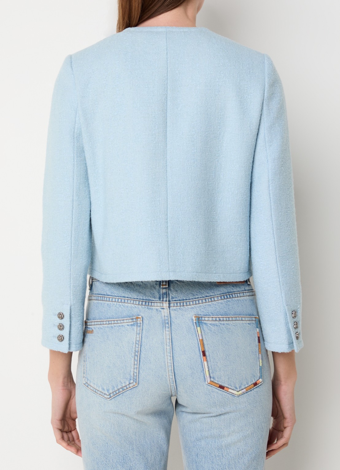ba&sh Meredith cropped jack van tweed met opgestikte zakken - achterkant 4 lichtblauw