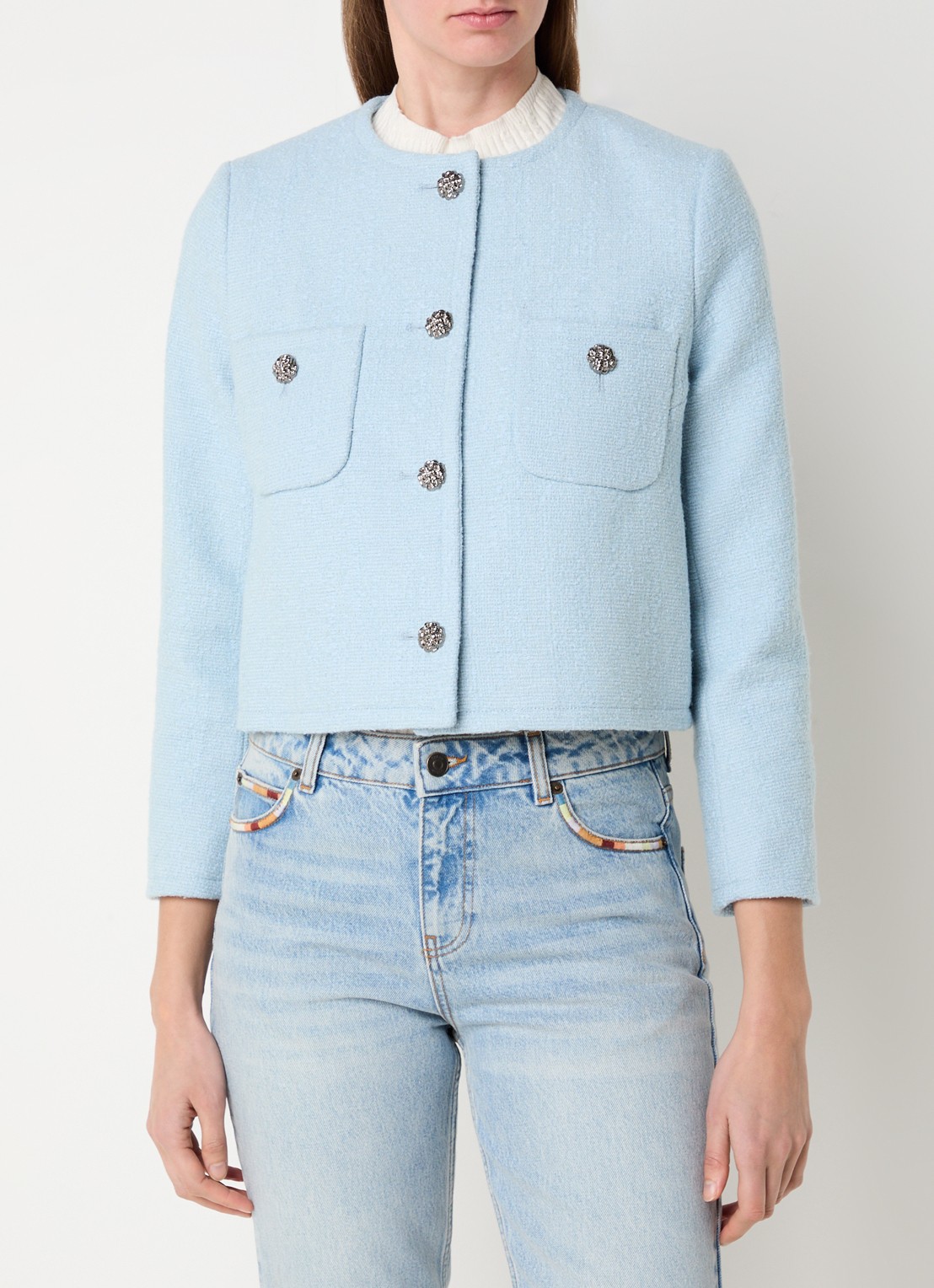 ba&sh Meredith cropped jack van tweed met opgestikte zakken - detail lichtblauw