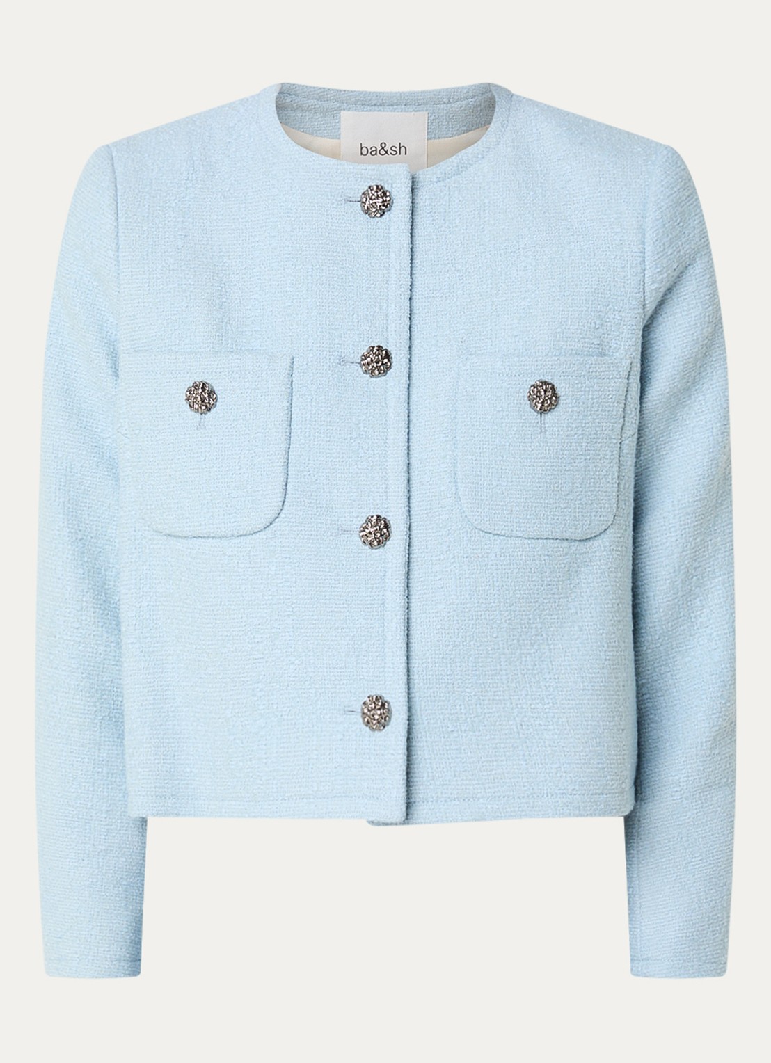 ba&sh Meredith cropped jack van tweed met opgestikte zakken - voorkant 2 lichtblauw