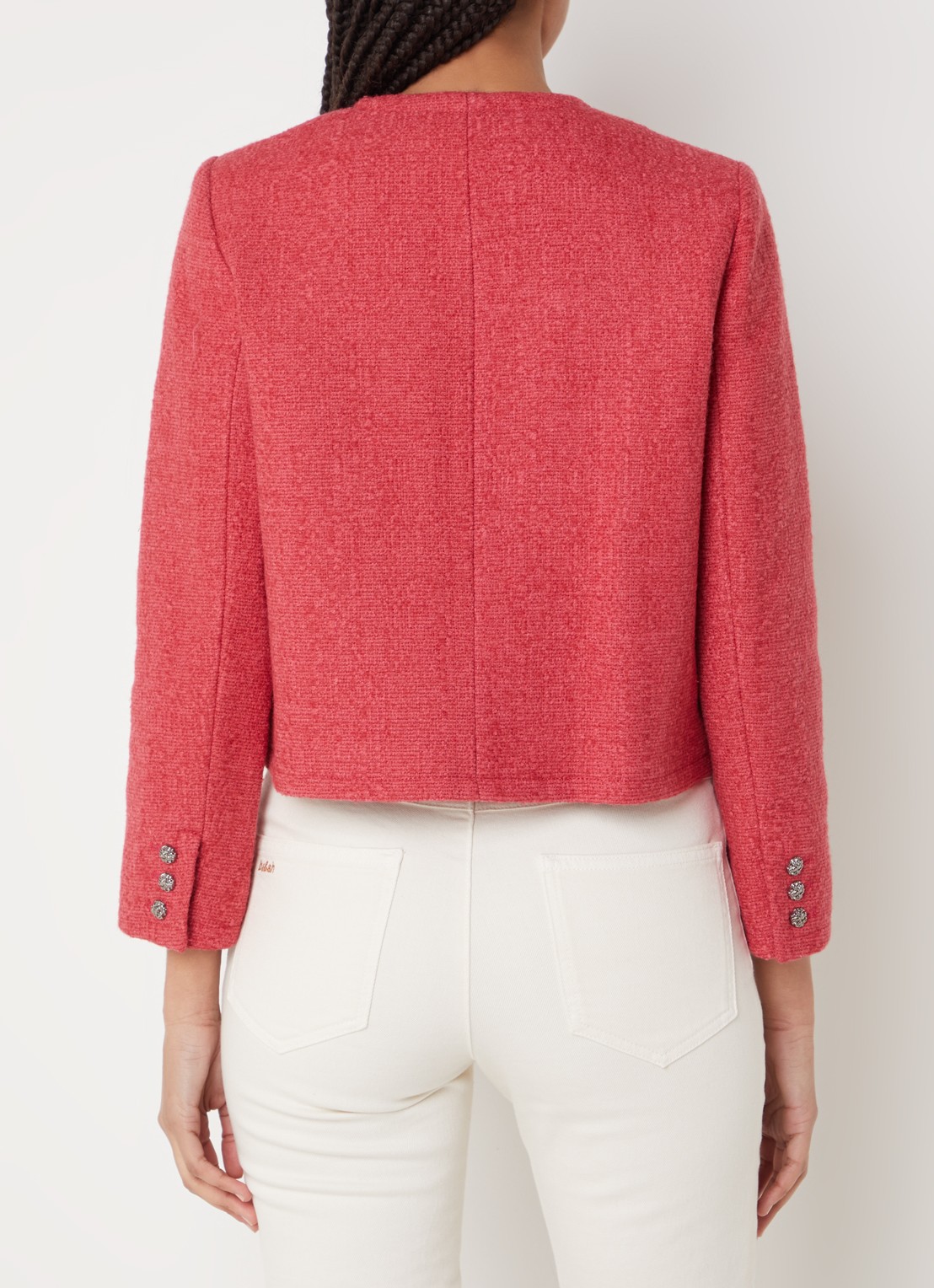 ba&sh Meredith cropped jack van tweed met opgestikte zakken - achterkant koraalrood